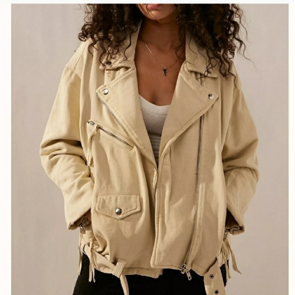 FREE PEOPLE Rebel Rebel Knit Oversized Moto Jacket in Vanilla Creme Small